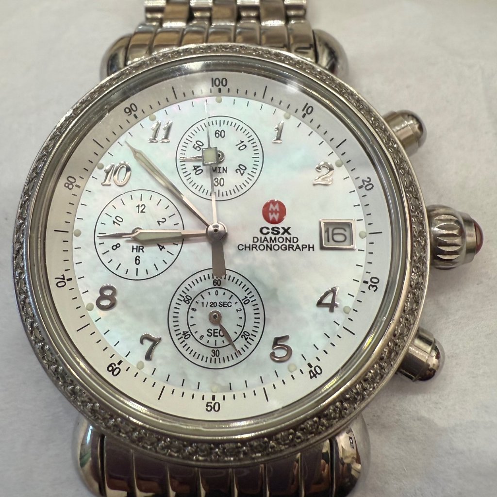 Michele Csx 36mm Mop Diamond Dial Chronograph Watch A14060ss Stainless Band